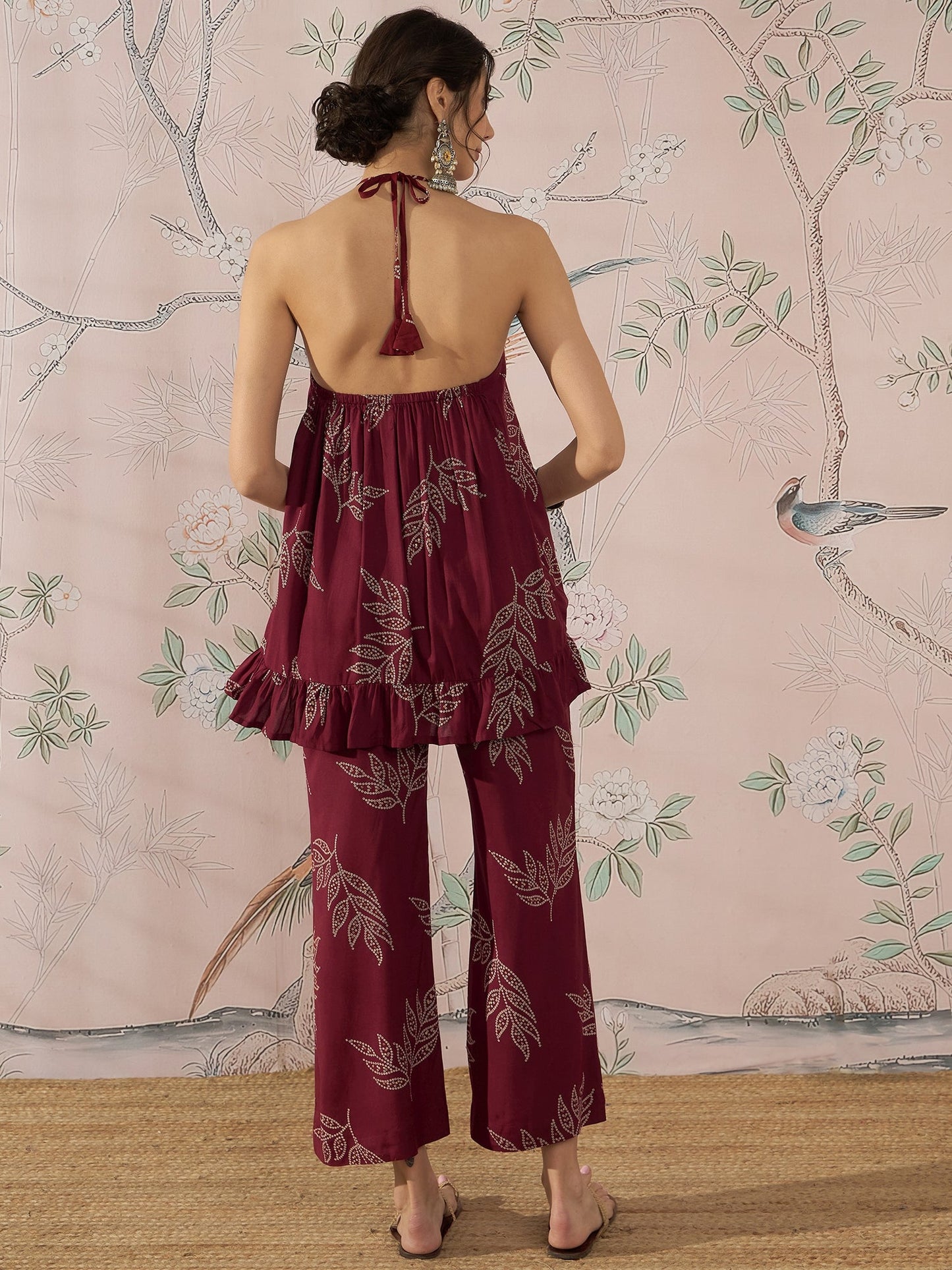 InWeave Dark Maroon Leaf Halter Strappy Set - Distacart