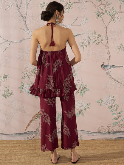 InWeave Dark Maroon Leaf Halter Strappy Set - Distacart