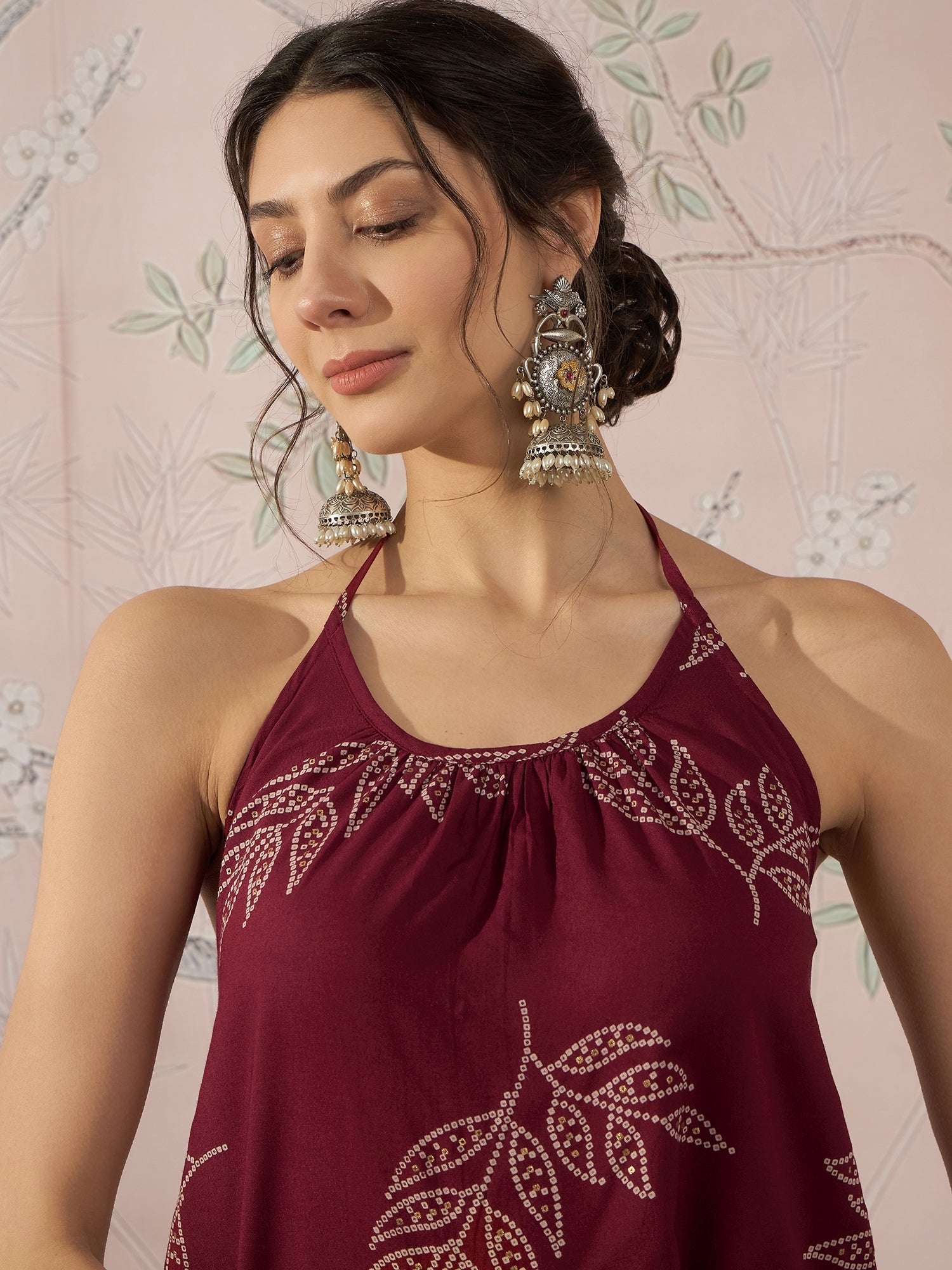 InWeave Dark Maroon Leaf Halter Strappy Set - Distacart