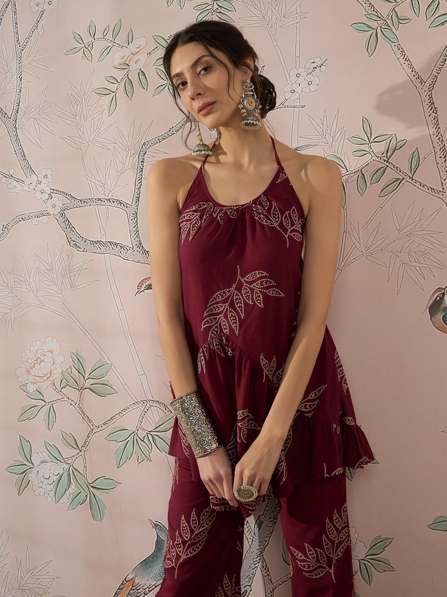 InWeave Dark Maroon Leaf Halter Strappy Set - Distacart
