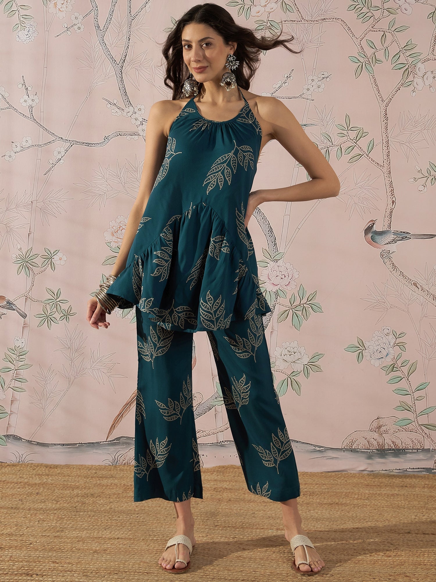 InWeave Dark Teal Leaf Halter Strappy Set - Distacart