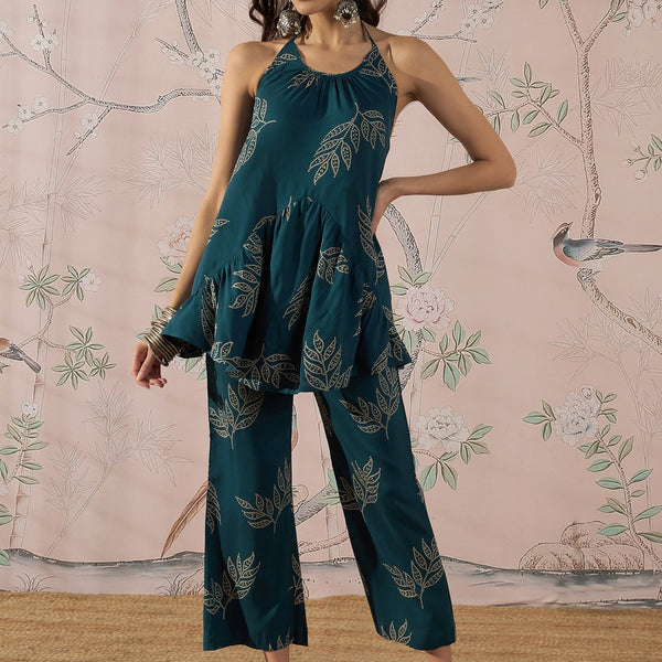 InWeave Dark Teal Leaf Halter Strappy Set - Distacart
