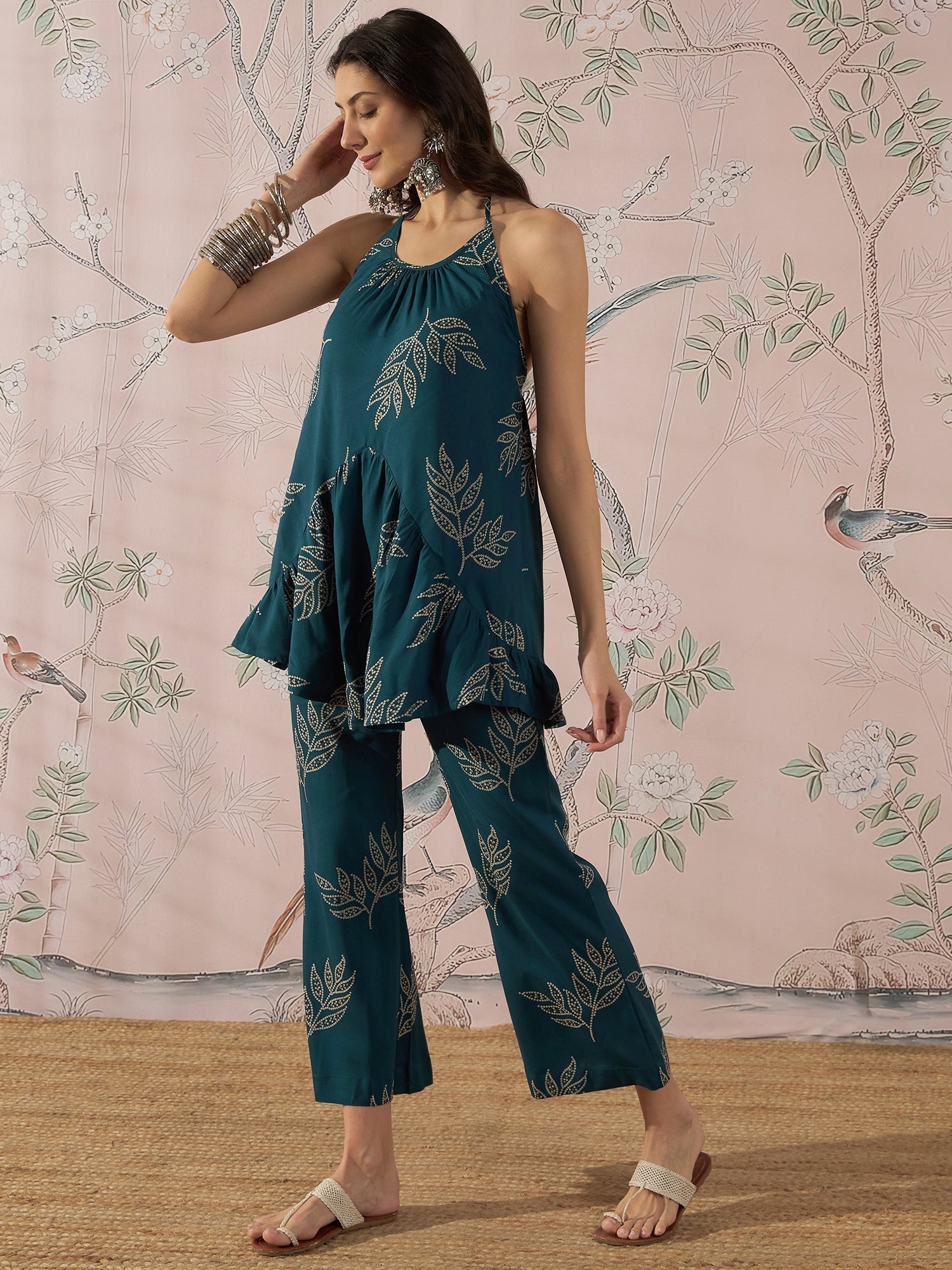 InWeave Dark Teal Leaf Halter Strappy Set - Distacart