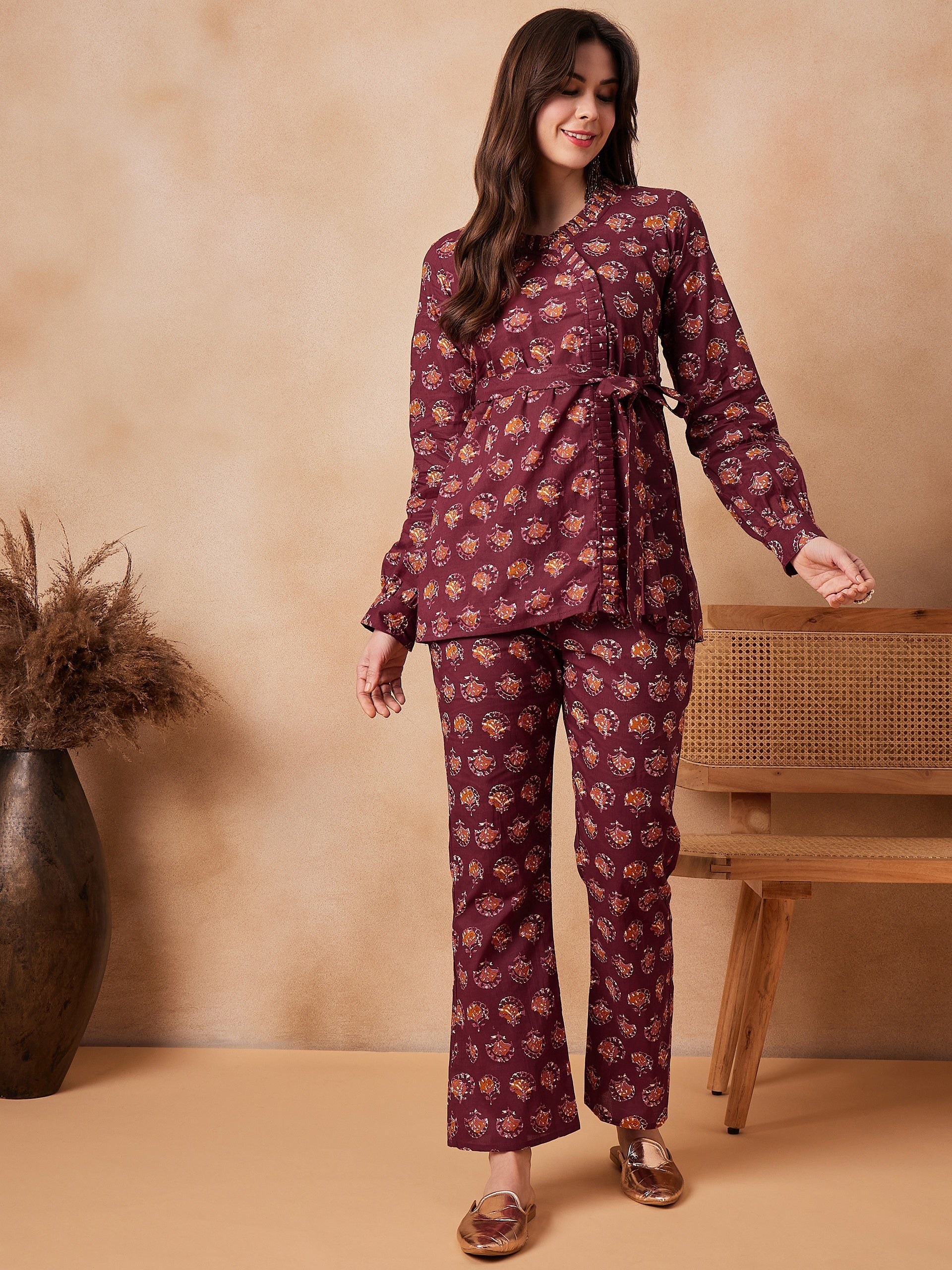 InWeave Burgundy Floral Boota Co Ord Set With Belt