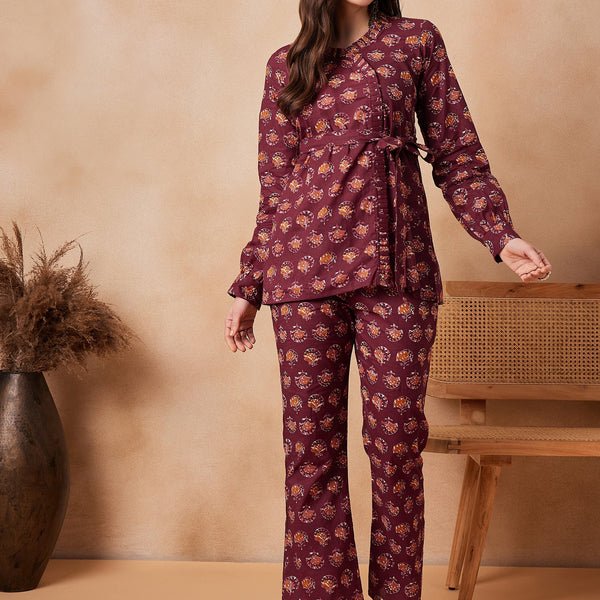 InWeave Burgundy Floral Boota Co Ord Set With Belt - Distacart