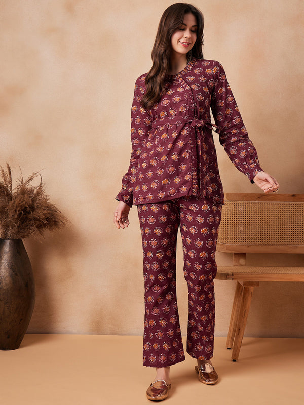 InWeave Burgundy Floral Boota Co Ord Set With Belt
