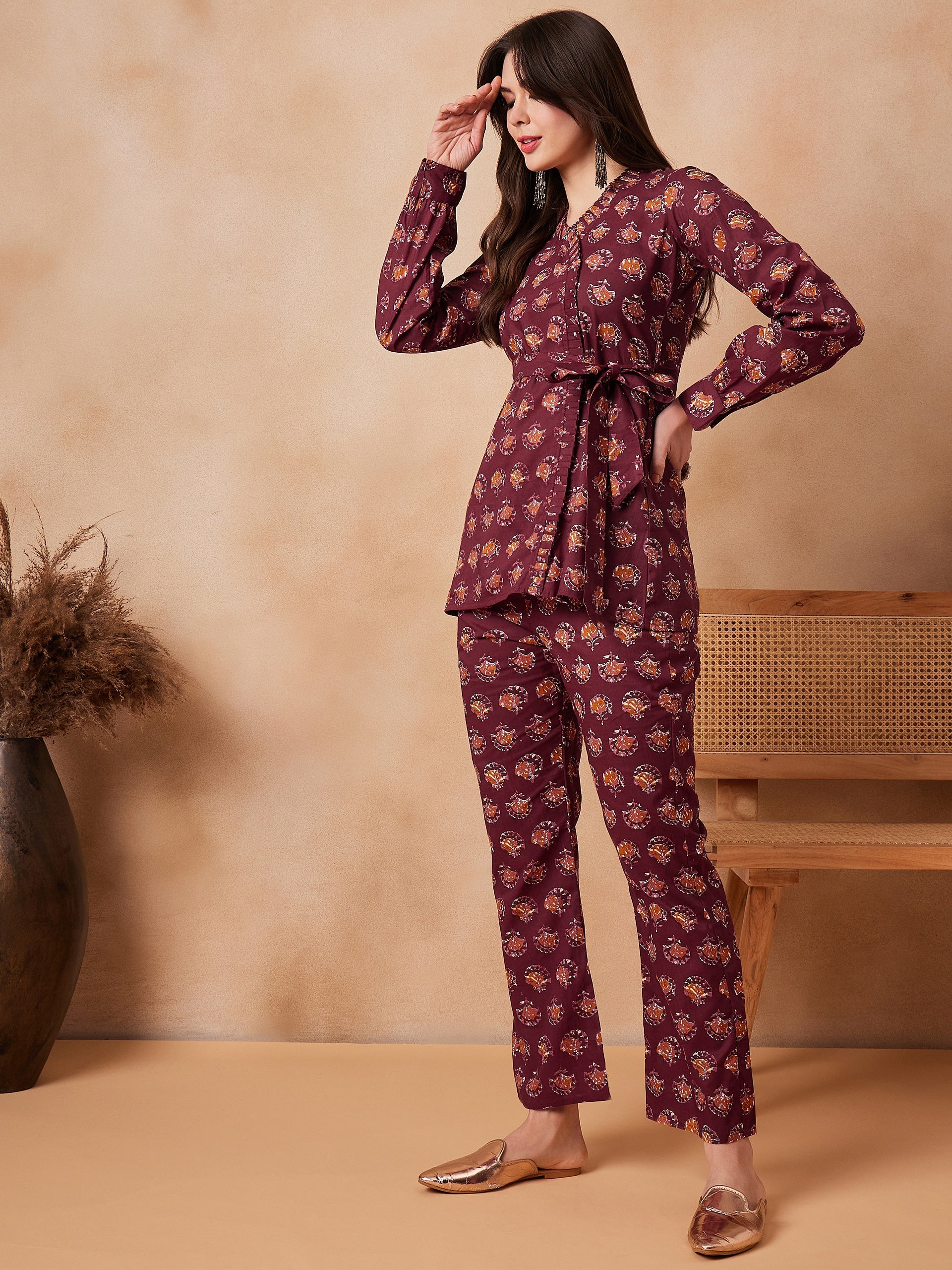 InWeave Burgundy Floral Boota Co Ord Set With Belt - Distacart