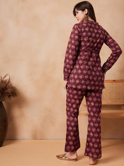 InWeave Burgundy Floral Boota Co Ord Set With Belt - Distacart