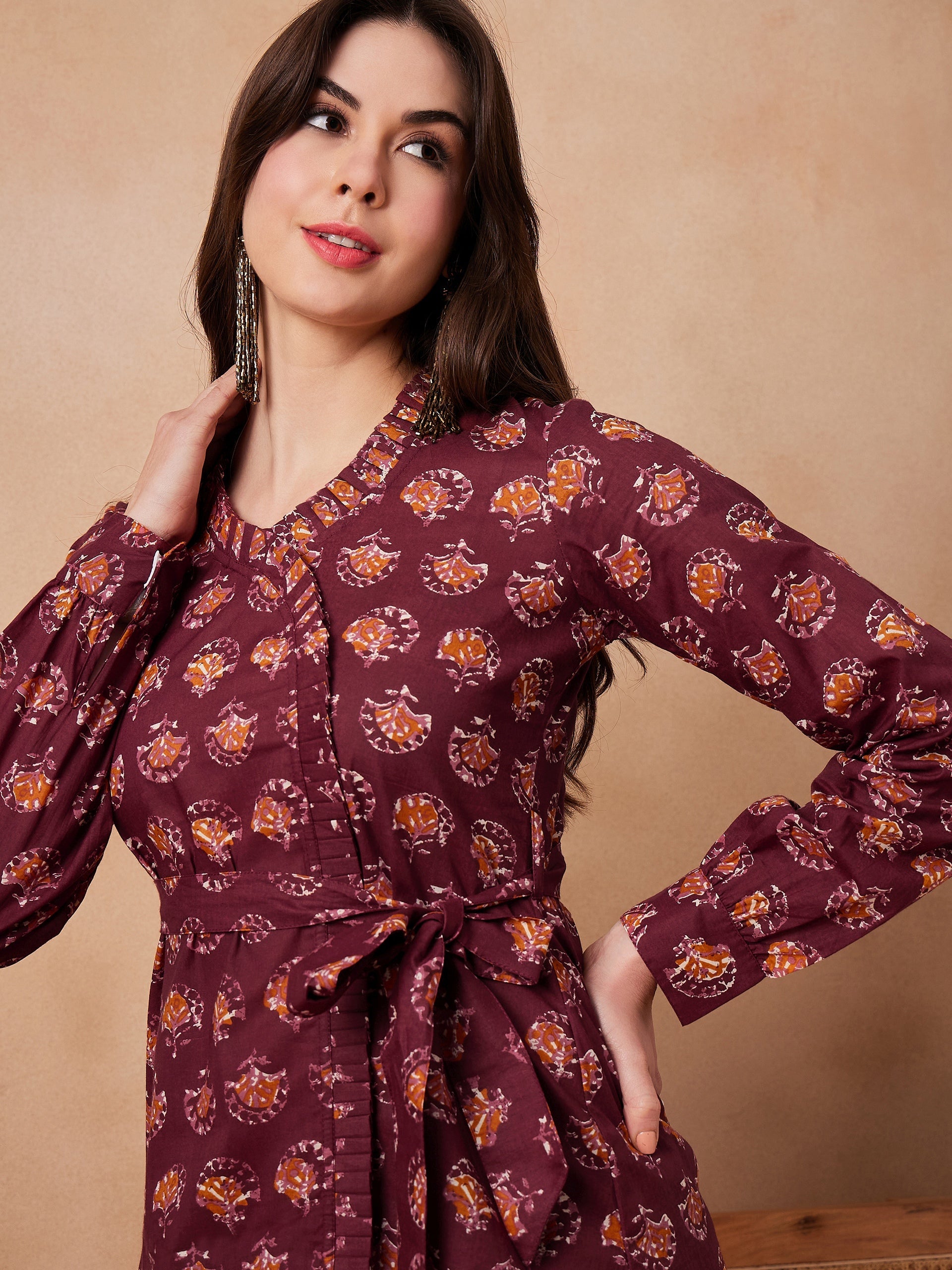 InWeave Burgundy Floral Boota Co Ord Set With Belt - Distacart