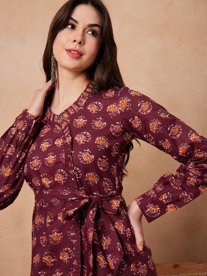 InWeave Burgundy Floral Boota Co Ord Set With Belt - Distacart