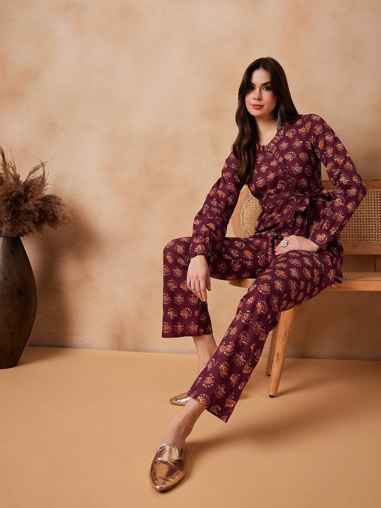 InWeave Burgundy Floral Boota Co Ord Set With Belt - Distacart
