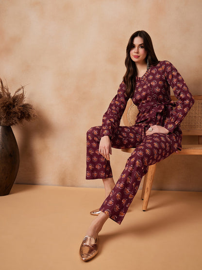 InWeave Burgundy Floral Boota Co Ord Set With Belt - Distacart