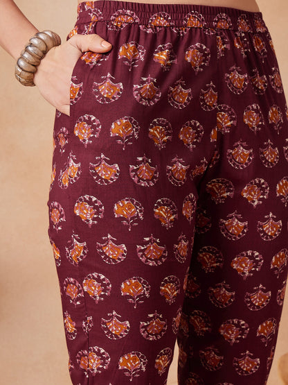 InWeave Burgundy Floral Boota Co Ord Set With Belt - Distacart