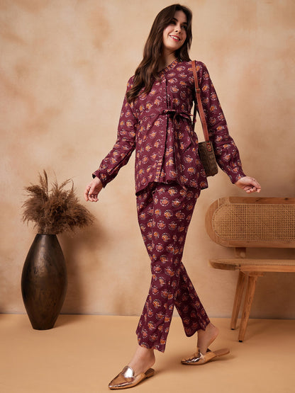 InWeave Burgundy Floral Boota Co Ord Set With Belt - Distacart
