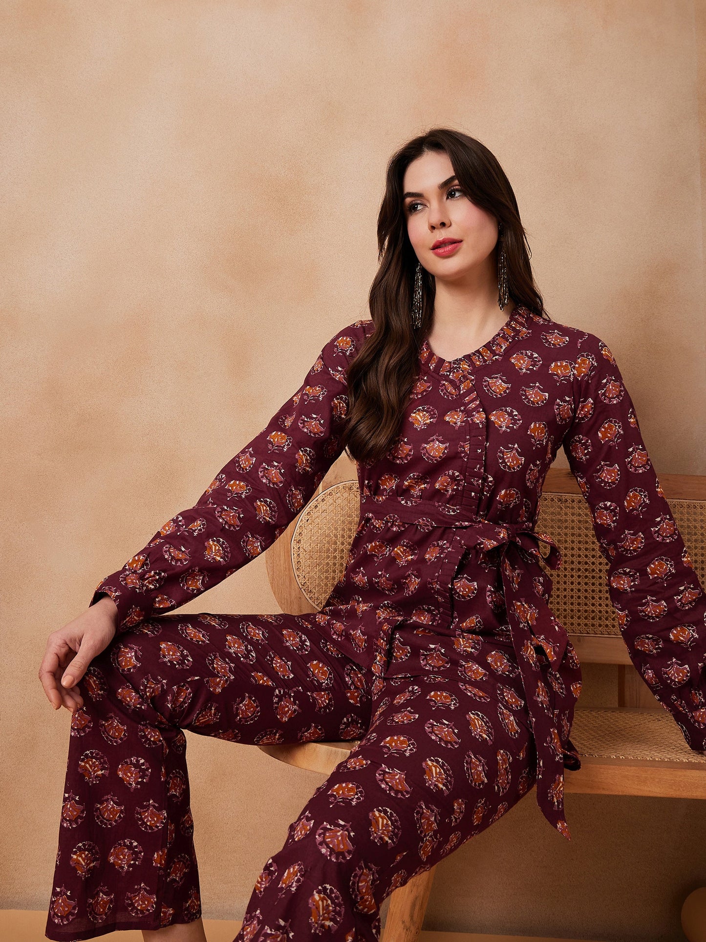 InWeave Burgundy Floral Boota Co Ord Set With Belt - Distacart