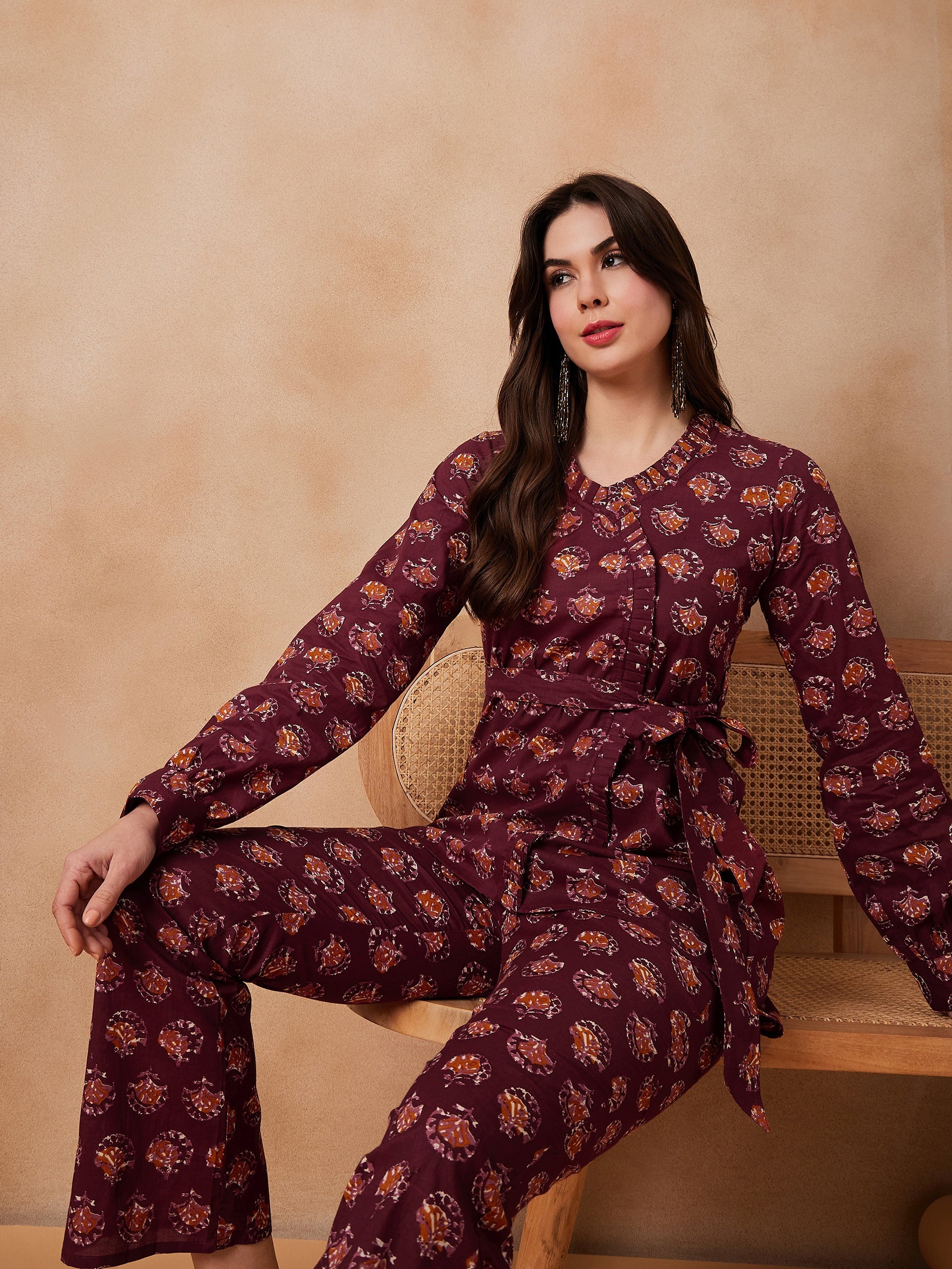InWeave Burgundy Floral Boota Co Ord Set With Belt - Distacart
