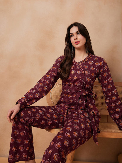 InWeave Burgundy Floral Boota Co Ord Set With Belt - Distacart