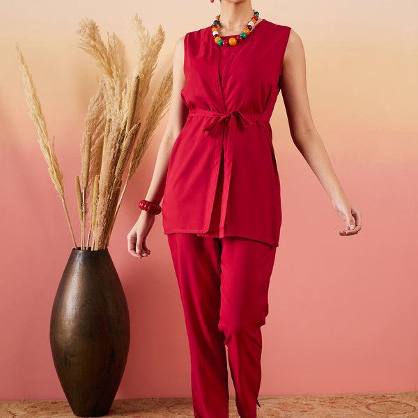 InWeave Maroon 3 Piece Co Ord Set With Belt - Distacart