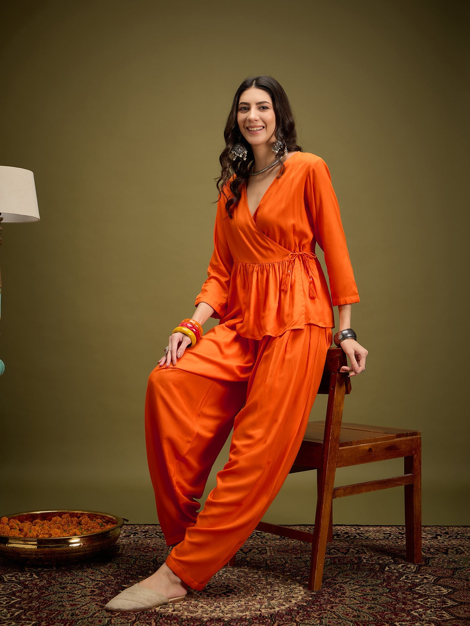 InWeave Orange Angrakha Dhoti Co Ord Set - Distacart