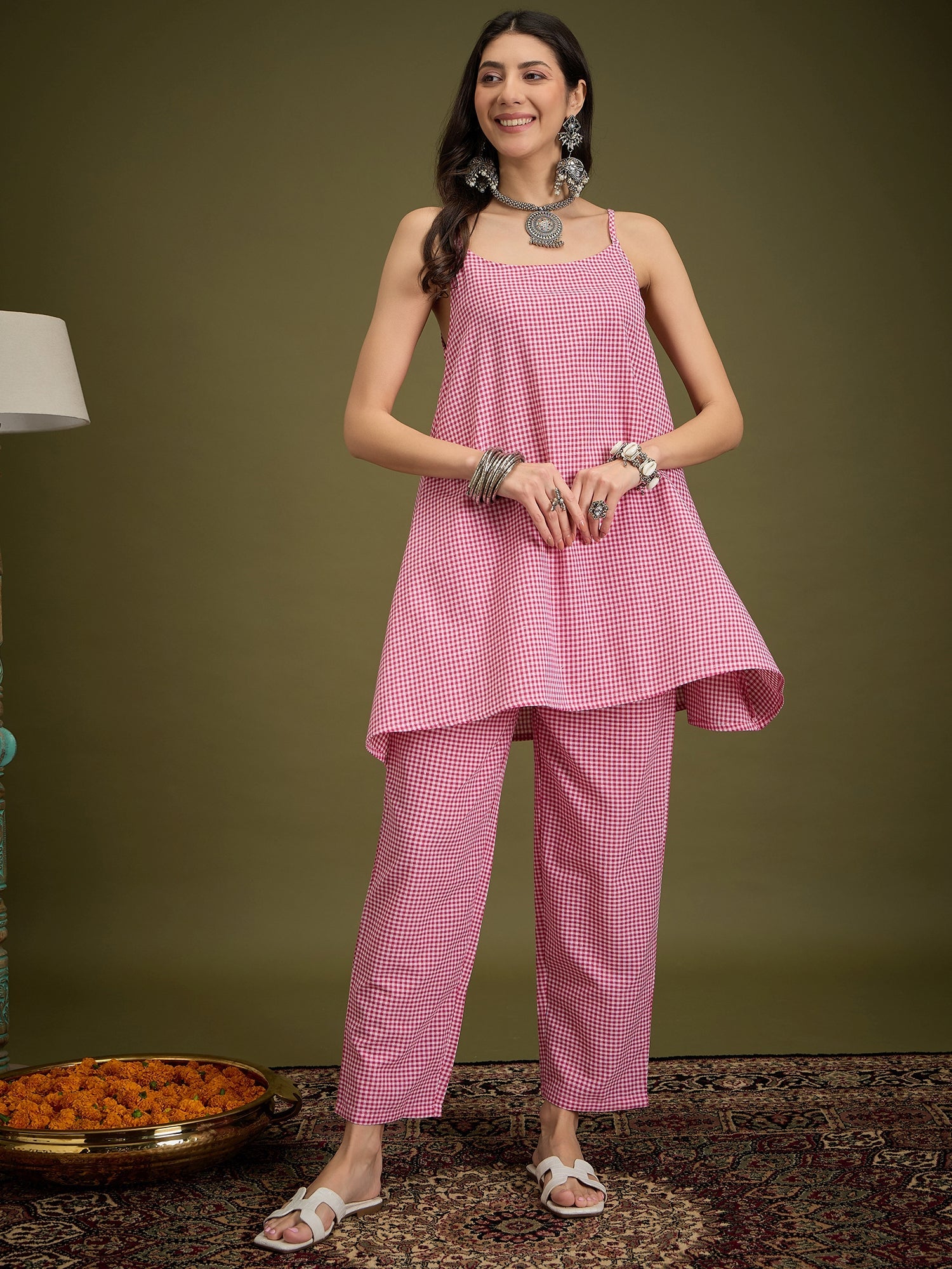 InWeave Pink Small Check Strappy Co Ord Set - Distacart