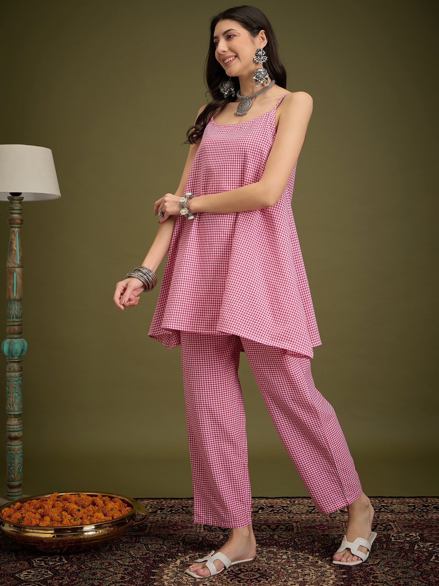 InWeave Pink Small Check Strappy Co Ord Set - Distacart