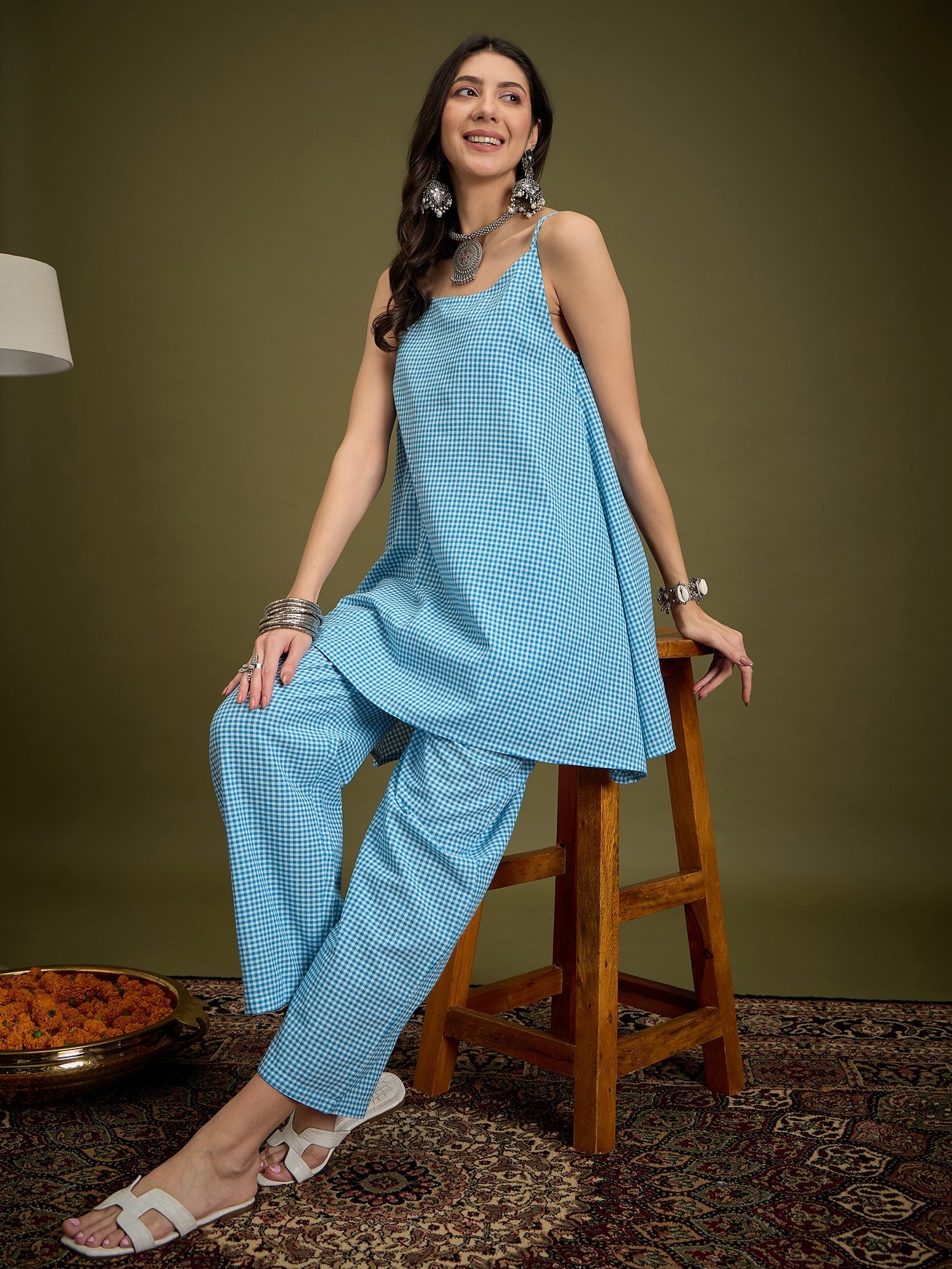 InWeave Cyan Blue Small Check Strappy Co Ord Set - Distacart