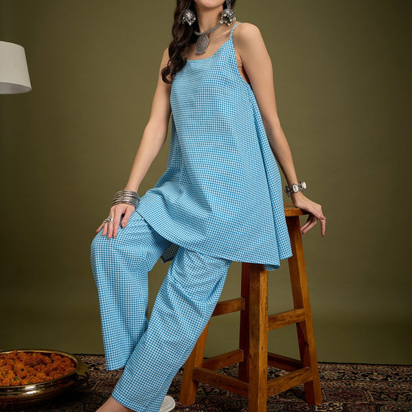 InWeave Cyan Blue Small Check Strappy Co Ord Set - Distacart