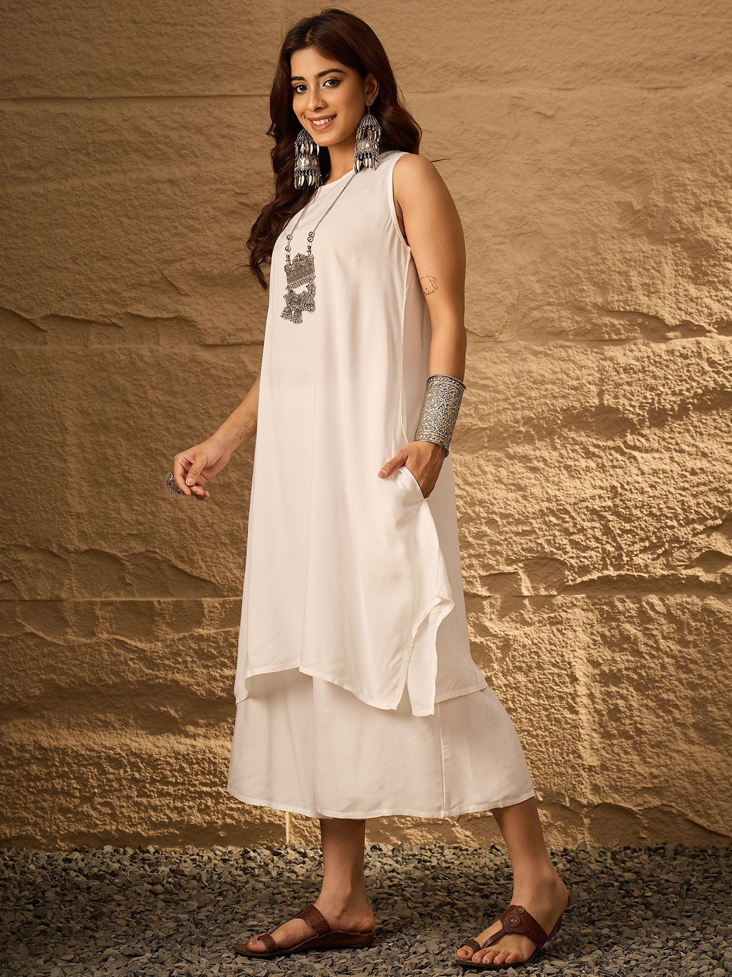 InWeave White Round Neck Short Palazzo Set - Distacart