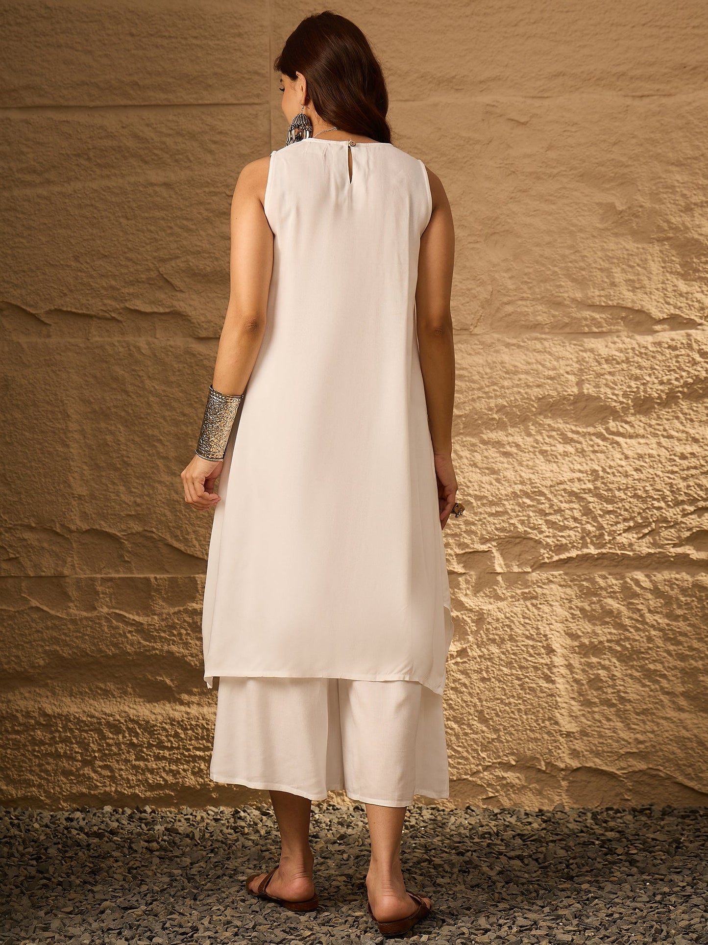 InWeave White Round Neck Short Palazzo Set - Distacart