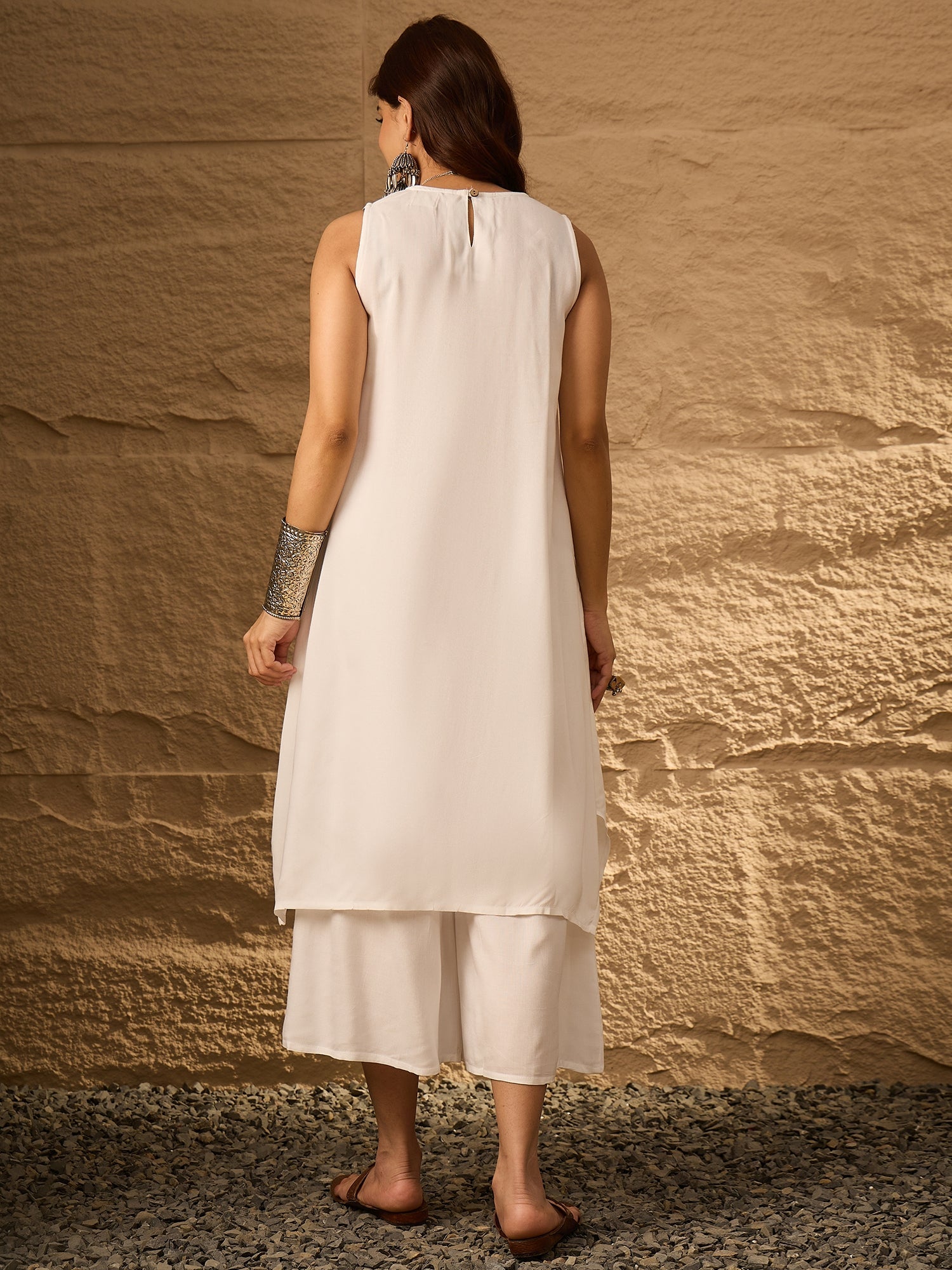 InWeave White Round Neck Short Palazzo Set - Distacart