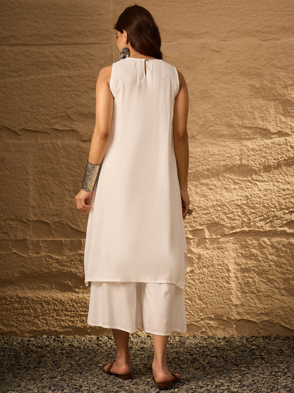 InWeave White Round Neck Short Palazzo Set - Distacart