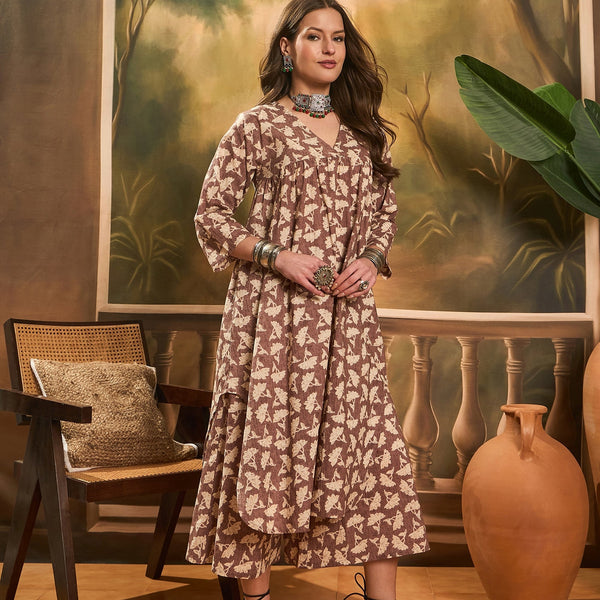 InWeave Light Brown Off White V Neck Flared Kurta Set - Distacart