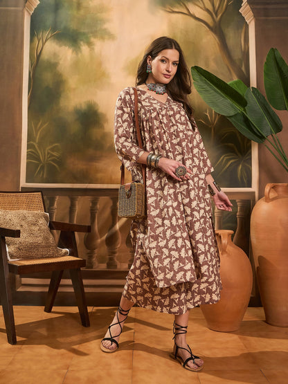 InWeave Light Brown Off White V Neck Flared Kurta Set - Distacart