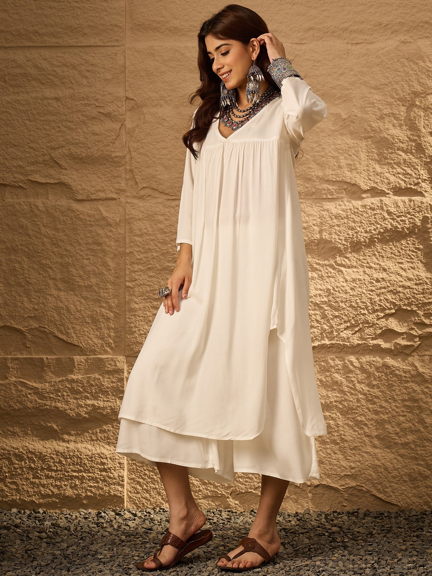 InWeave White Flared Kurta Palazzo Set - Distacart