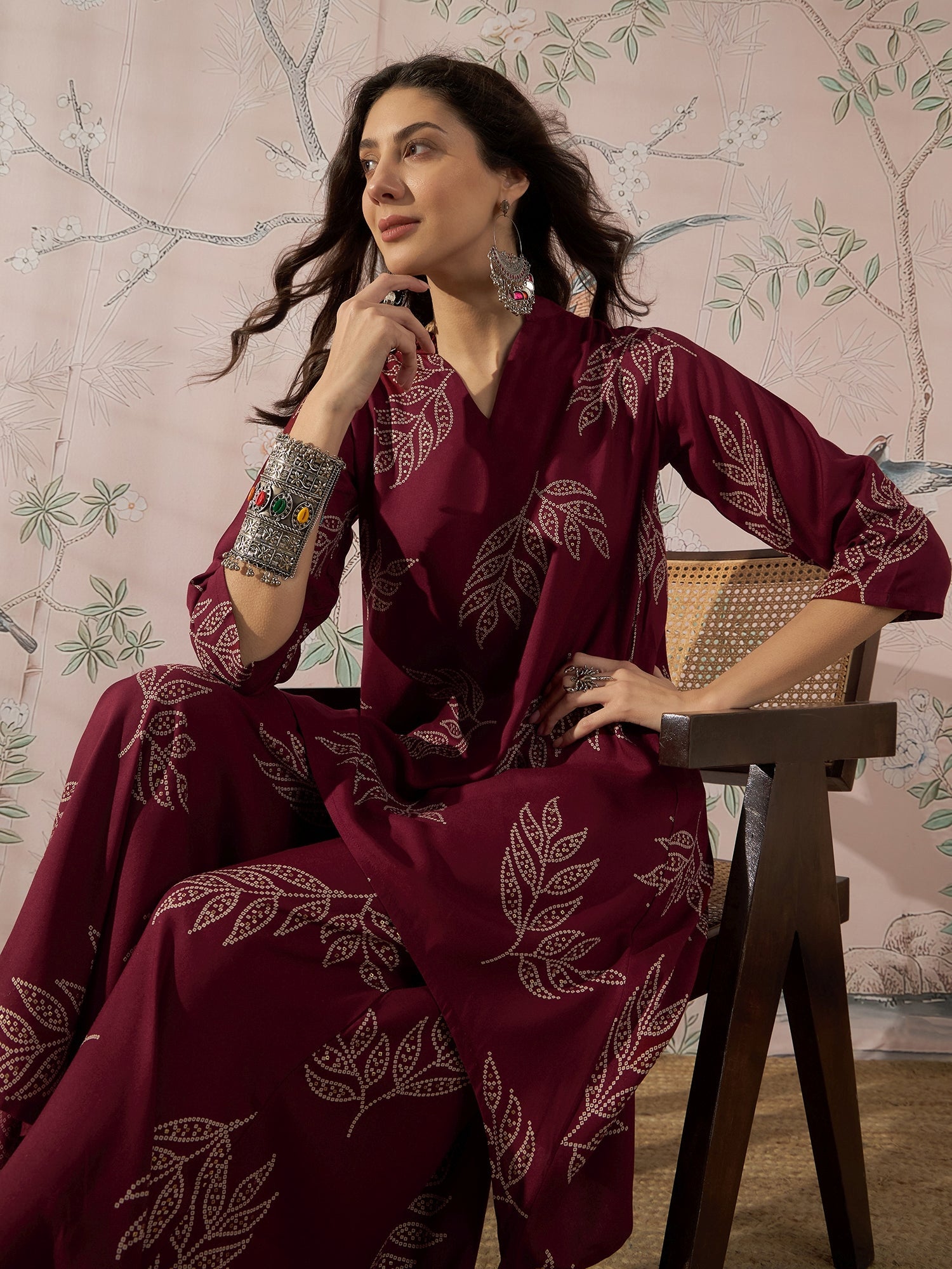 InWeave Dark Maroon Leaf Mandarin Kurta Set - Distacart