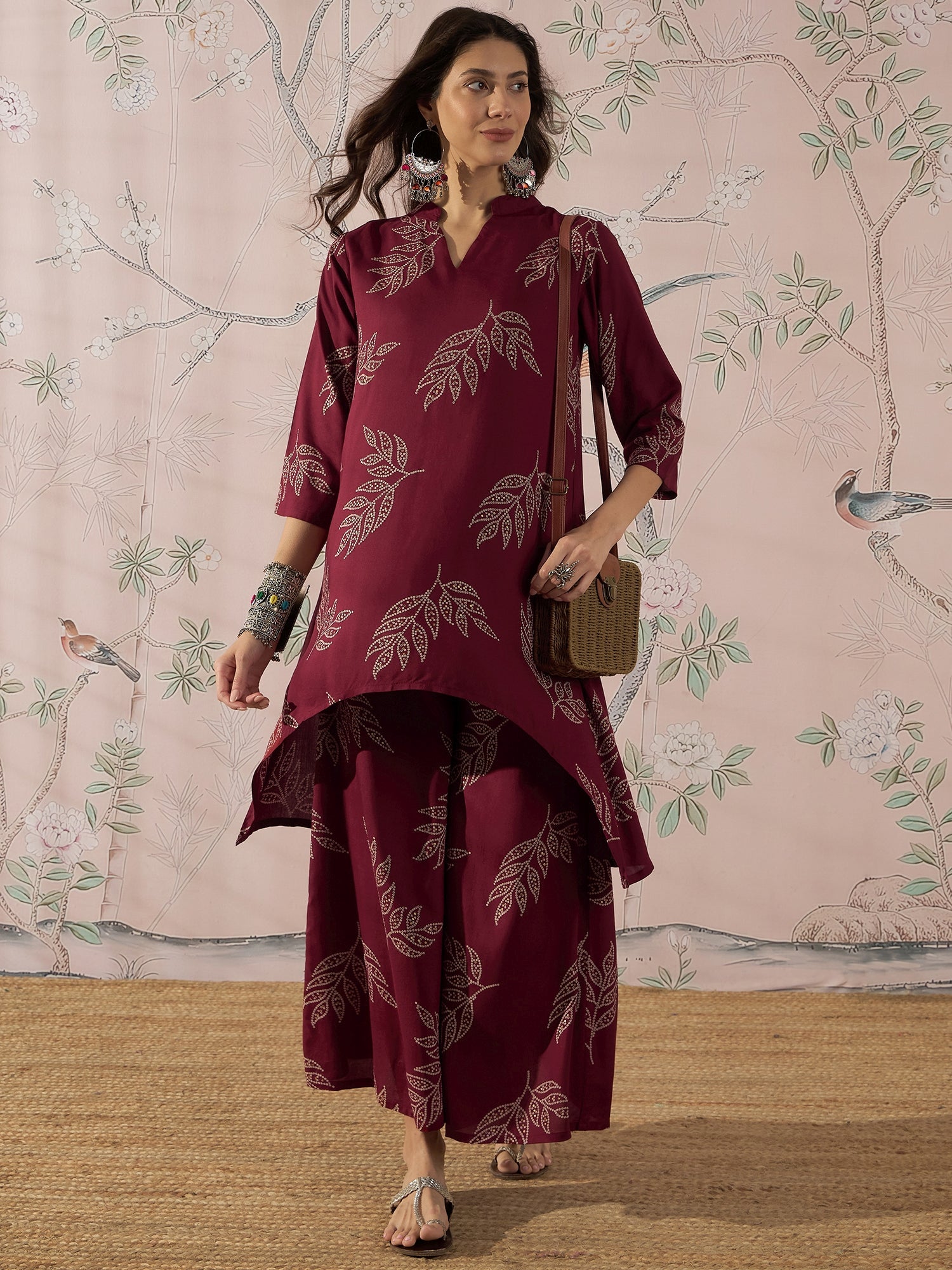 InWeave Dark Maroon Leaf Mandarin Kurta Set - Distacart