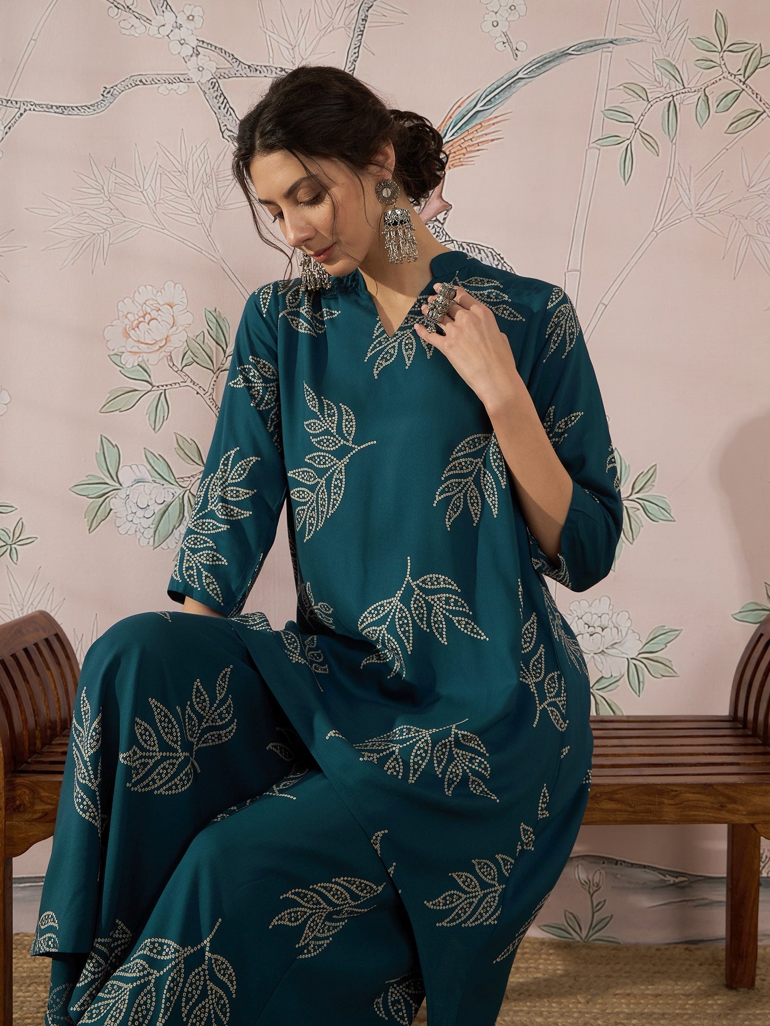 InWeave Dark Teal Leaf Mandarin Kurta Set - Distacart