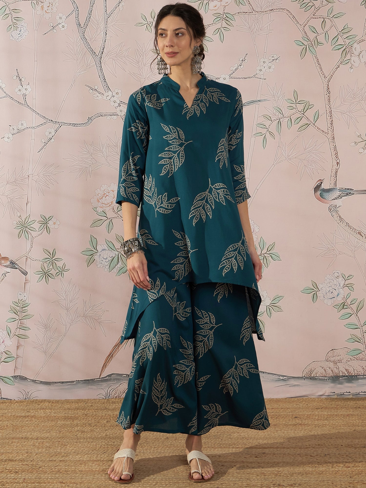 InWeave Dark Teal Leaf Mandarin Kurta Set - Distacart