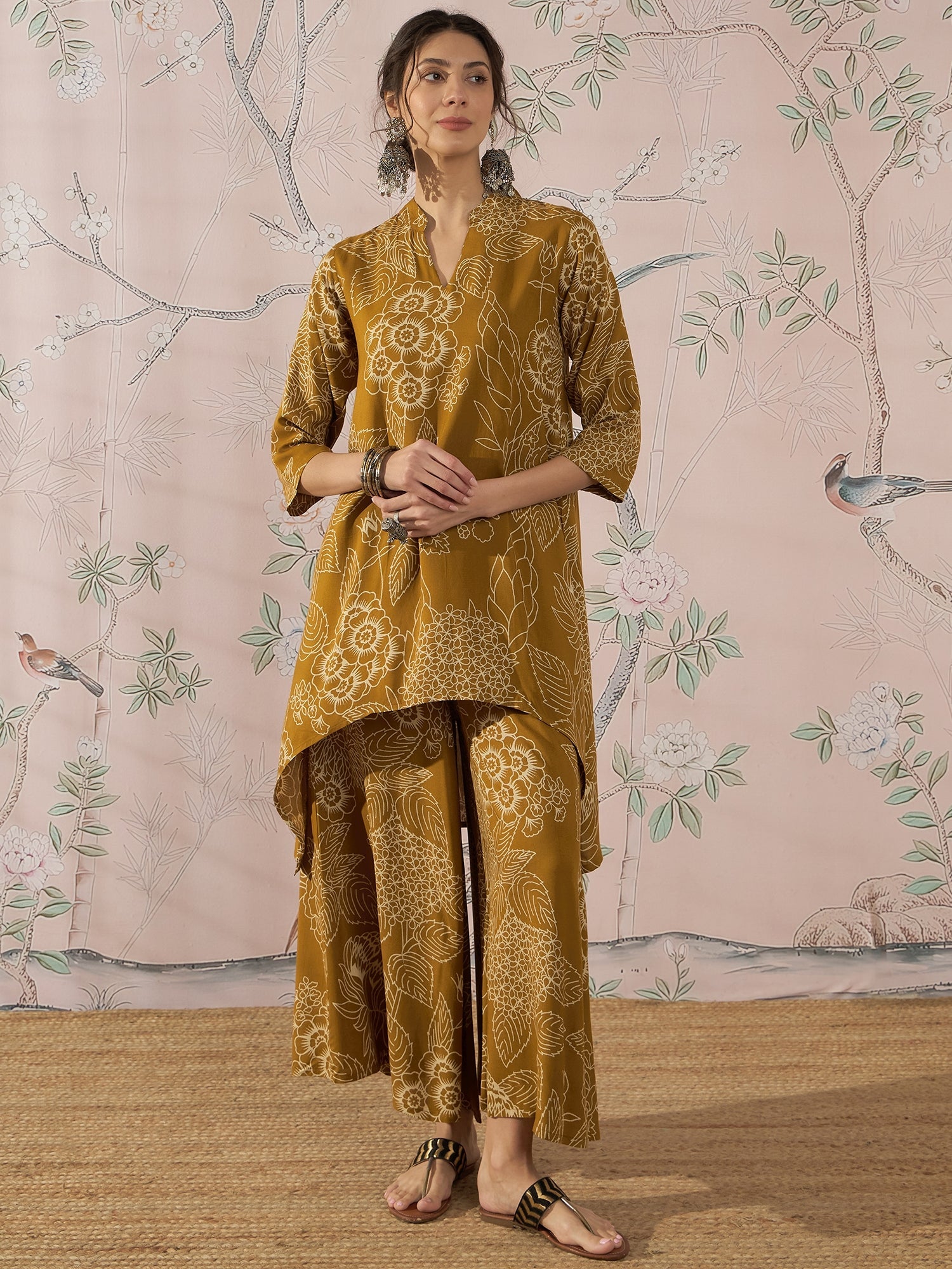 InWeave Dark Yellow Rose Leaf Mandarin Kurta Set - Distacart