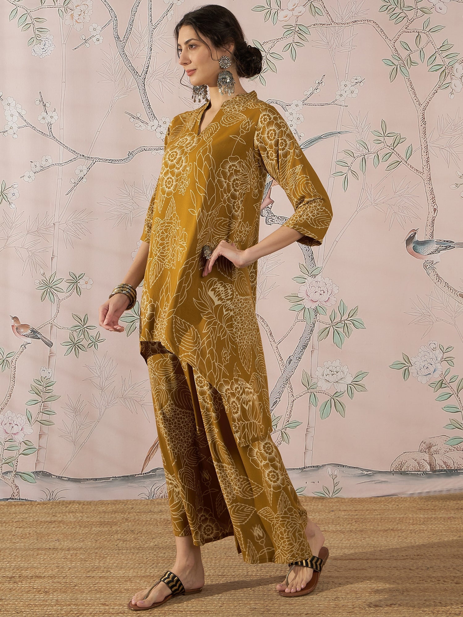 InWeave Dark Yellow Rose Leaf Mandarin Kurta Set - Distacart
