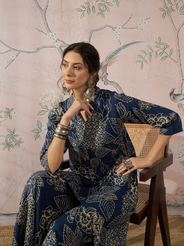 InWeave Peacock Teal Rose Leaf Mandarin Kurta Set