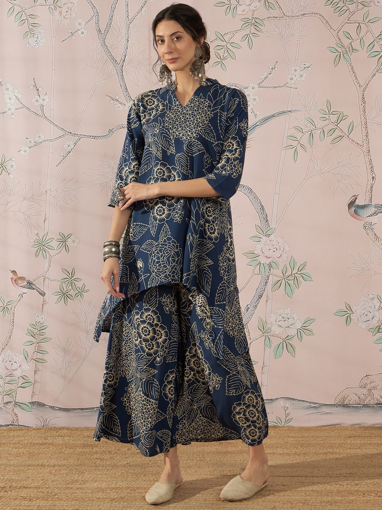 InWeave Peacock Teal Rose Leaf Mandarin Kurta Set - Distacart