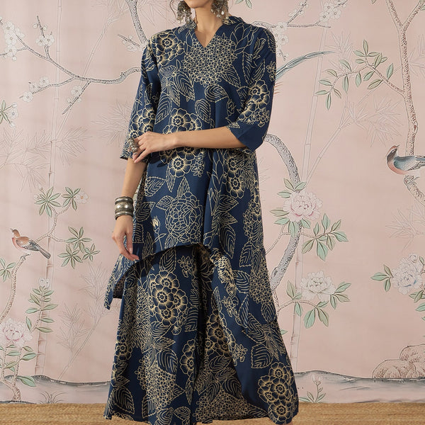 InWeave Peacock Teal Rose Leaf Mandarin Kurta Set - Distacart