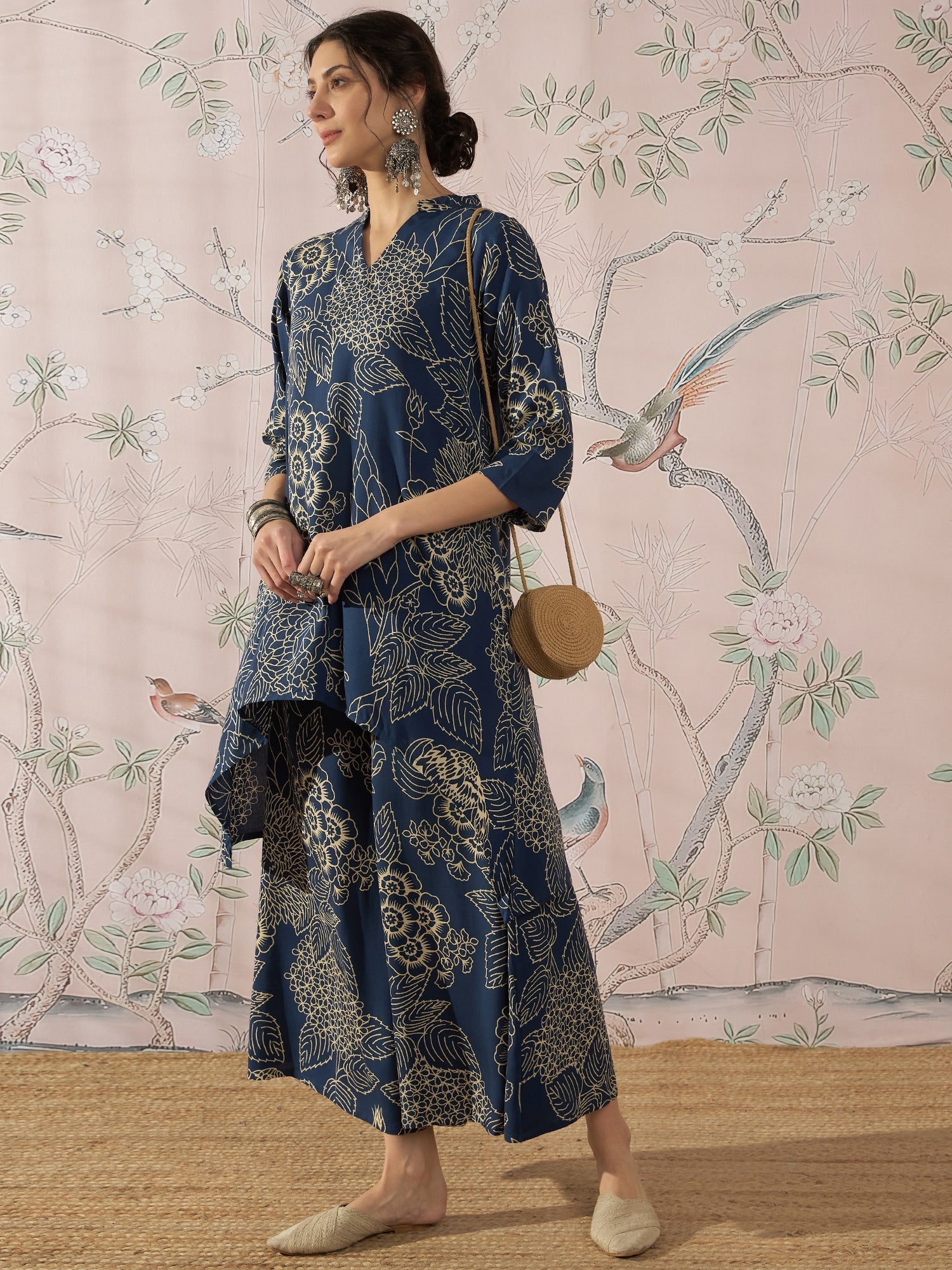 InWeave Peacock Teal Rose Leaf Mandarin Kurta Set