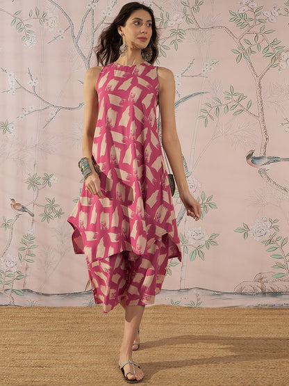 InWeave Punch Pink Beige Kurta Set - Distacart
