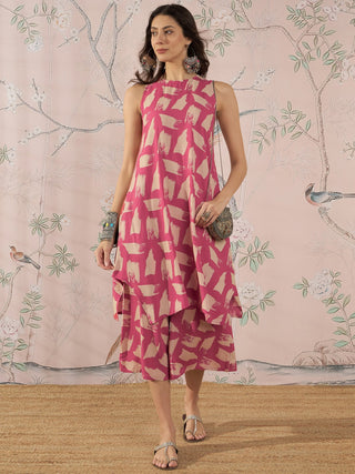 InWeave Punch Pink Beige Kurta Set - Distacart