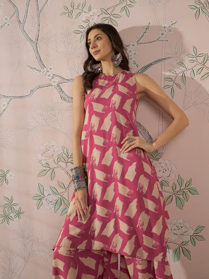 InWeave Punch Pink Beige Kurta Set - Distacart