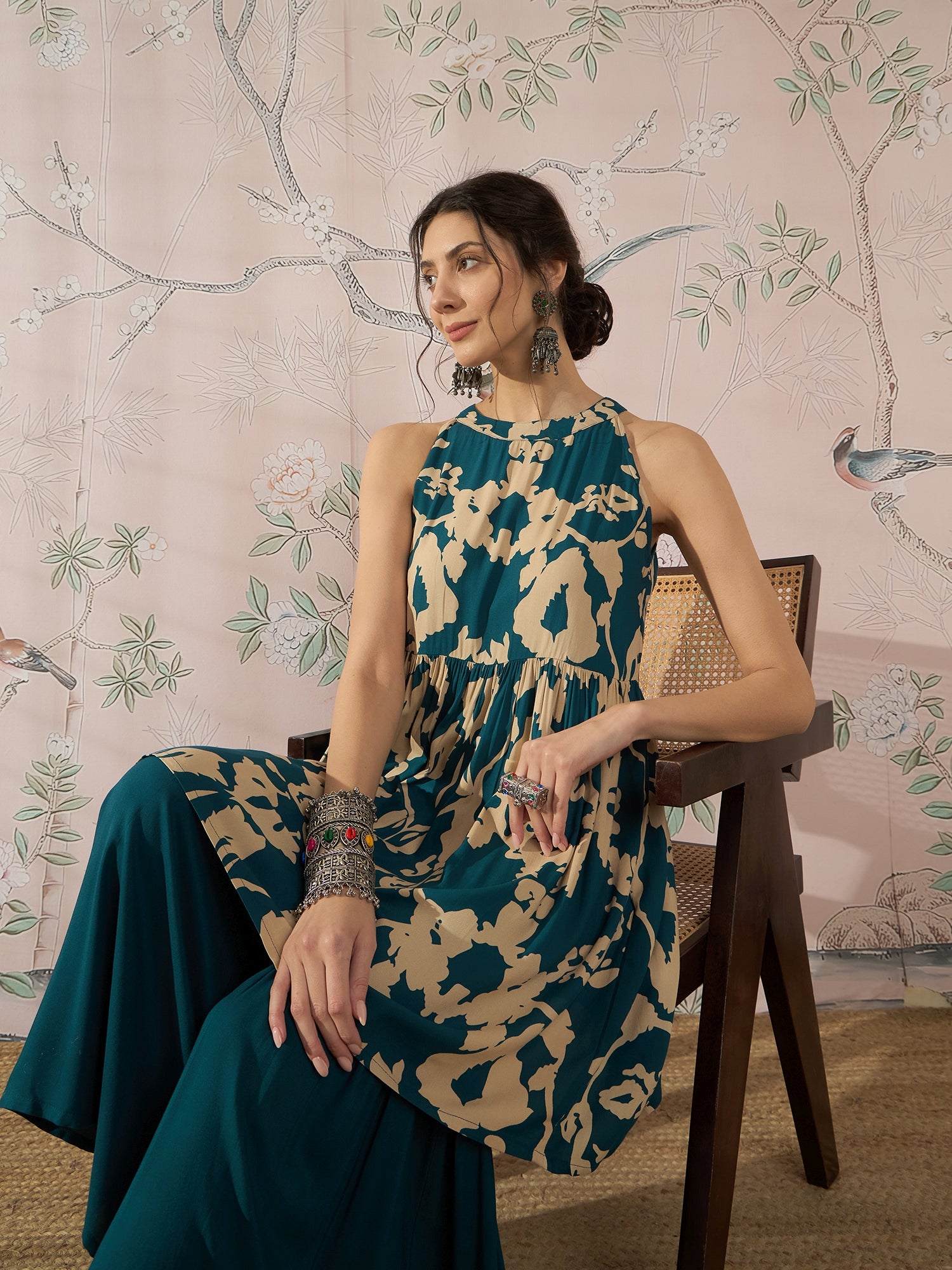 InWeave Teal Beige Halter Kurta Sharara Set - Distacart