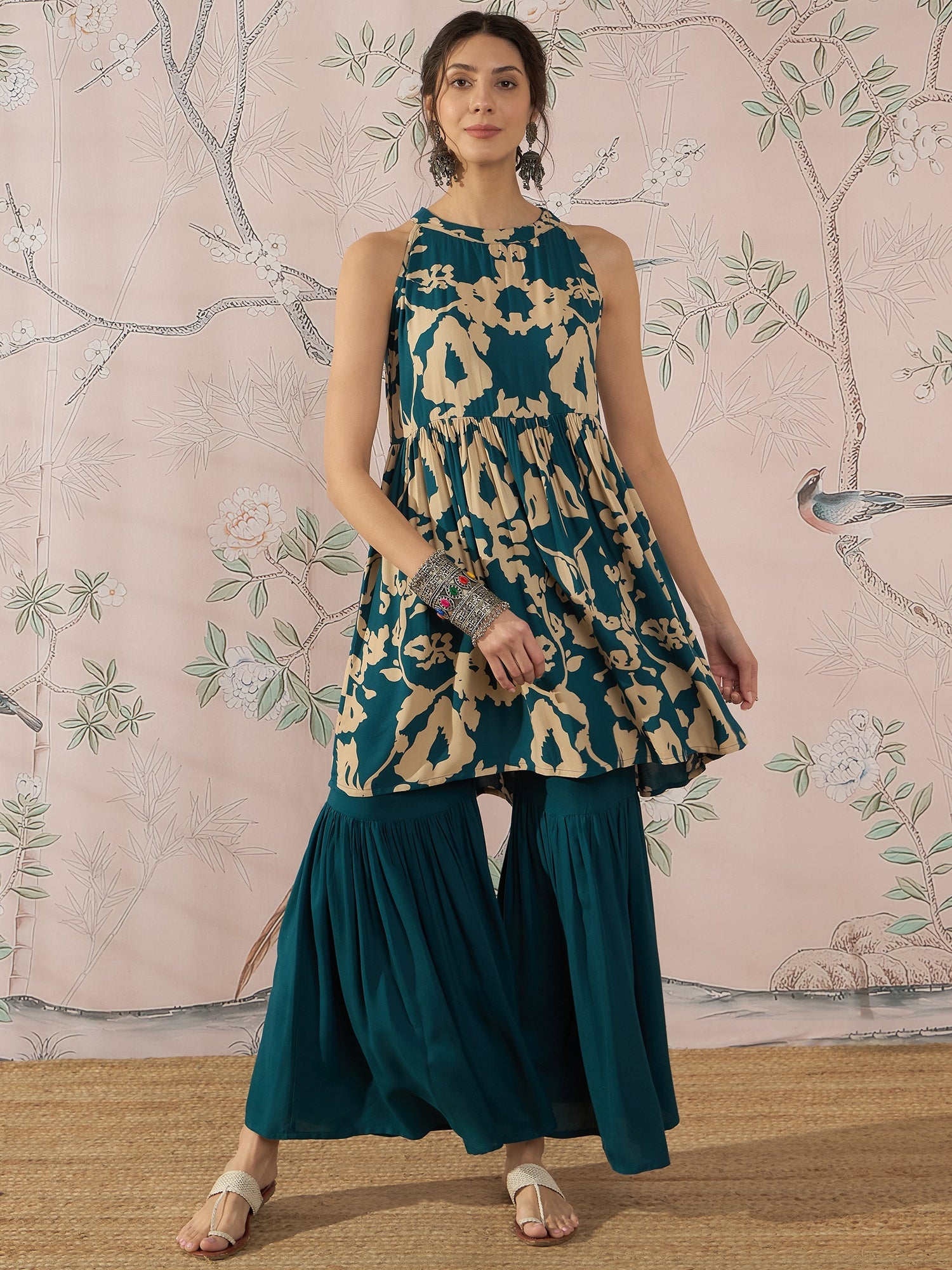 InWeave Teal Beige Halter Kurta Sharara Set - Distacart