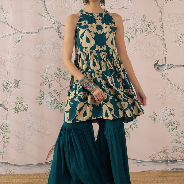 InWeave Teal Beige Halter Kurta Sharara Set - Distacart
